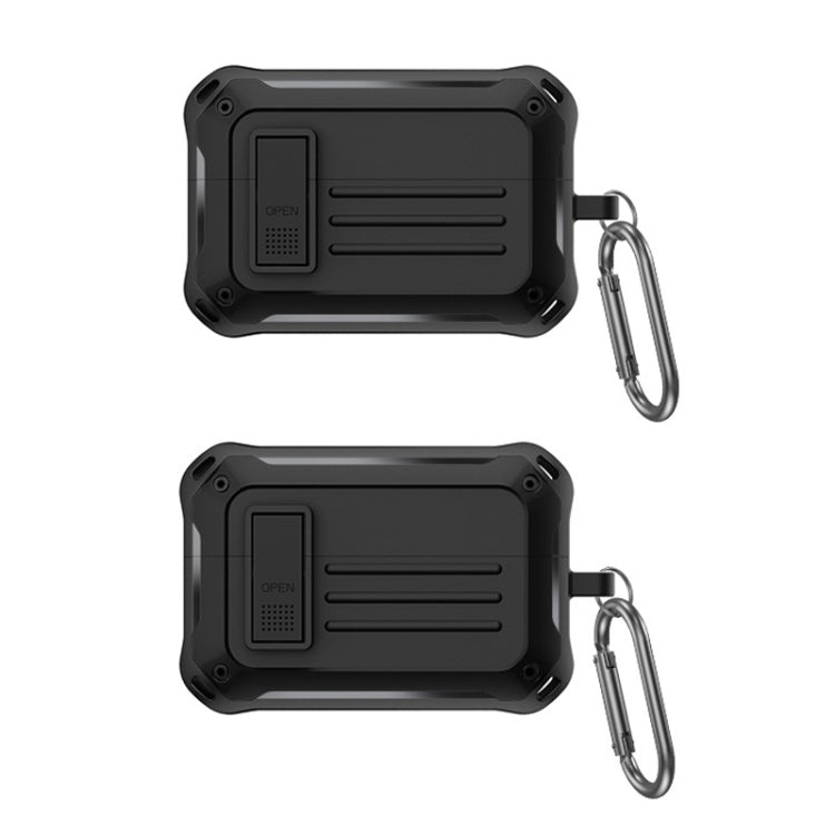 Black protective earbud storage case with hinged shell and metal carabiner clip
