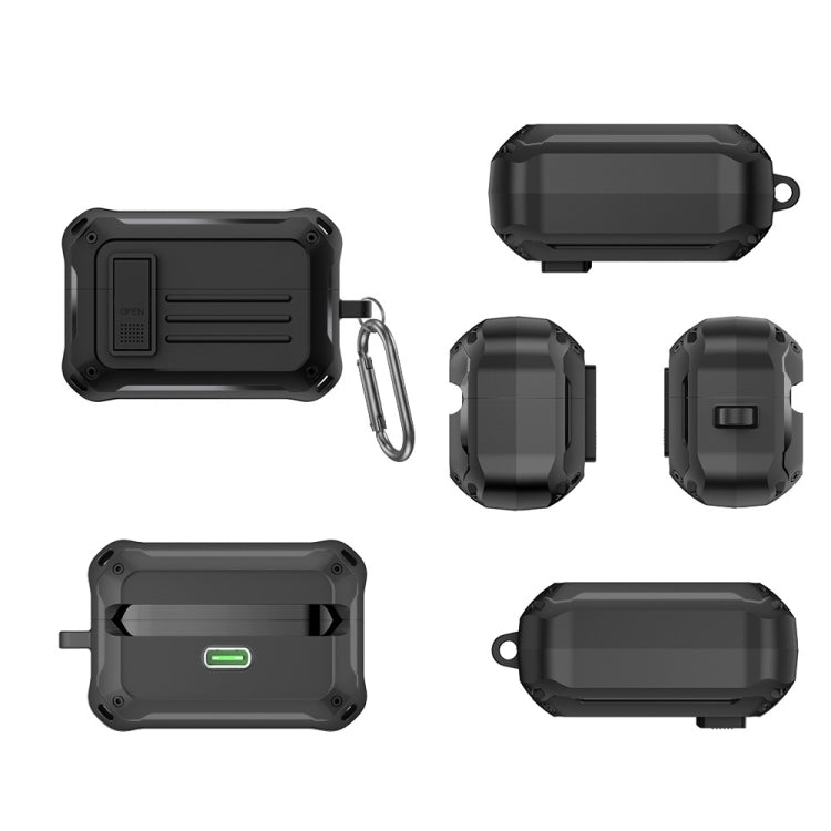 Dark earbud storage case set with front, back, and side views plus carabiner clip