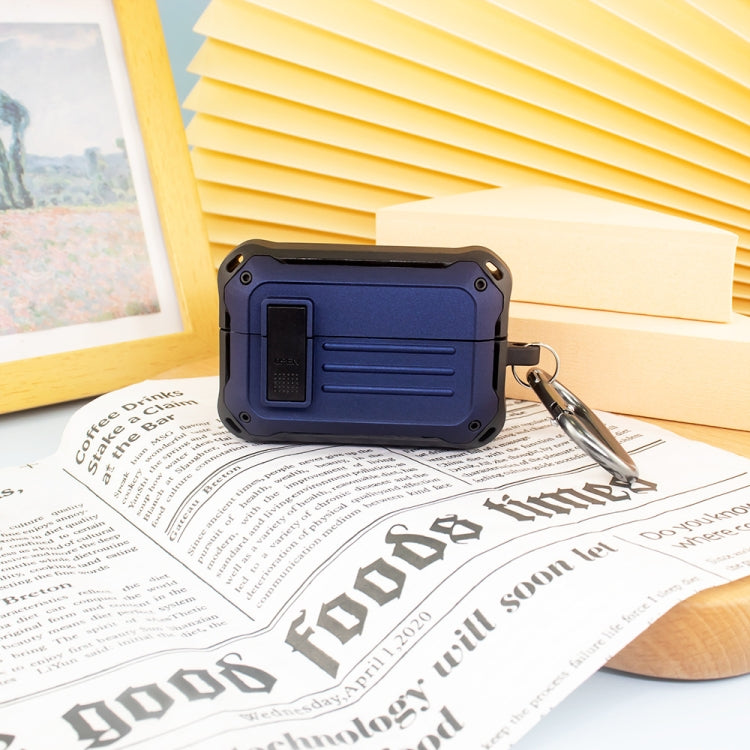 Blue protective earbud storage case with carabiner clip