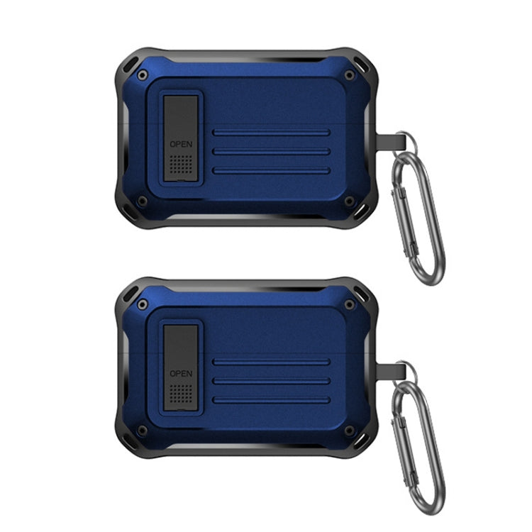 Blue protective earbud storage case with open latch and metal carabiner clip