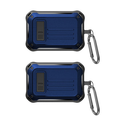 Blue protective earbud storage case with open latch and metal carabiner clip