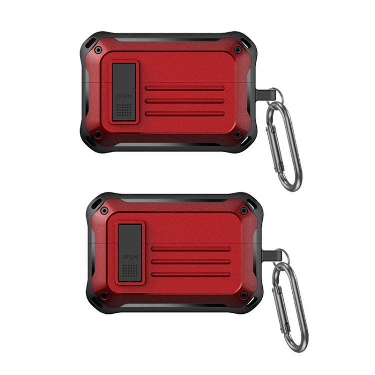 Red protective earbud storage case with hinged shell and metal carabiner clip