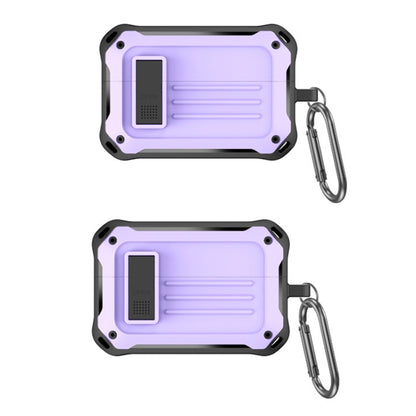 Purple protective earbud storage case with hinged shell and metal carabiner clip