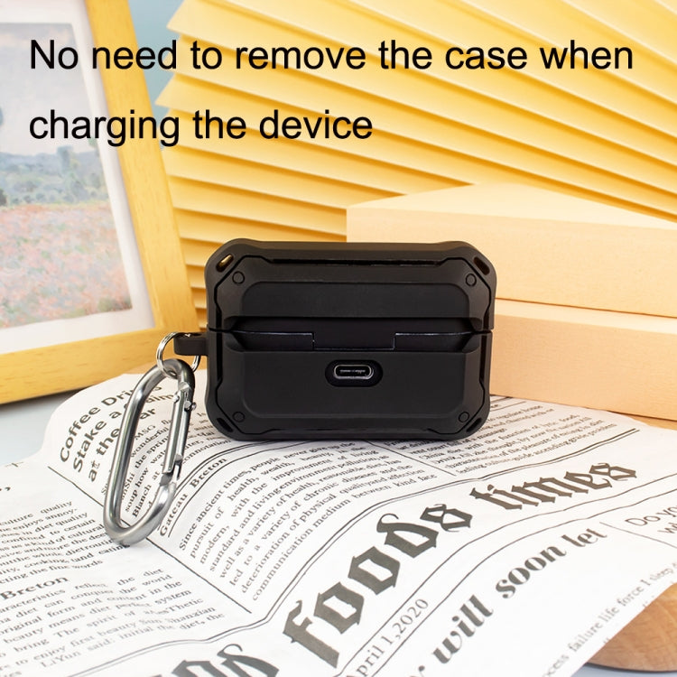 Black protective earbud storage case with carabiner clip and charging port opening