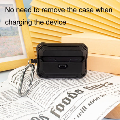Black protective earbud storage case with carabiner clip and charging port opening