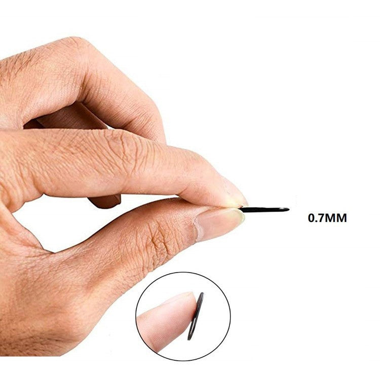 Hands applying a slim front camera privacy cover to a device camera
