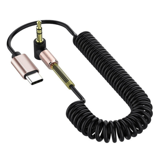 Type-C to 3.5mm male audio adapter cable with coiled spring design, black and rose-gold