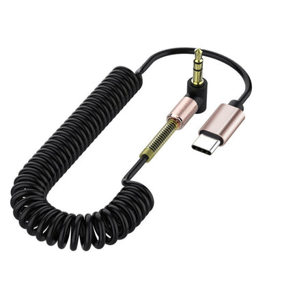 Type-C to 3.5mm male audio adapter cable, coiled black cord with angled connectors