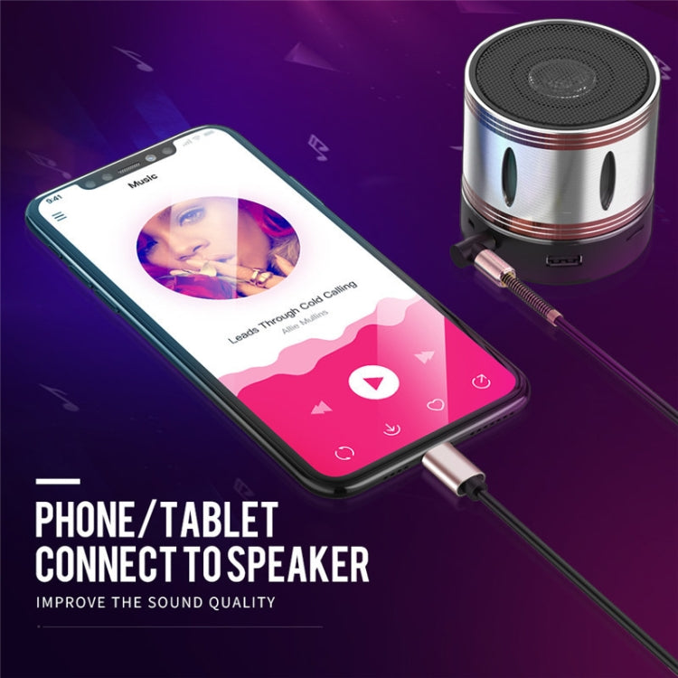 Type-C to 3.5mm audio adapter cable connecting phone to speaker via 3.5mm plug