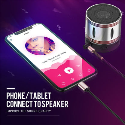 Type-C to 3.5mm audio adapter cable connecting phone to speaker via 3.5mm plug