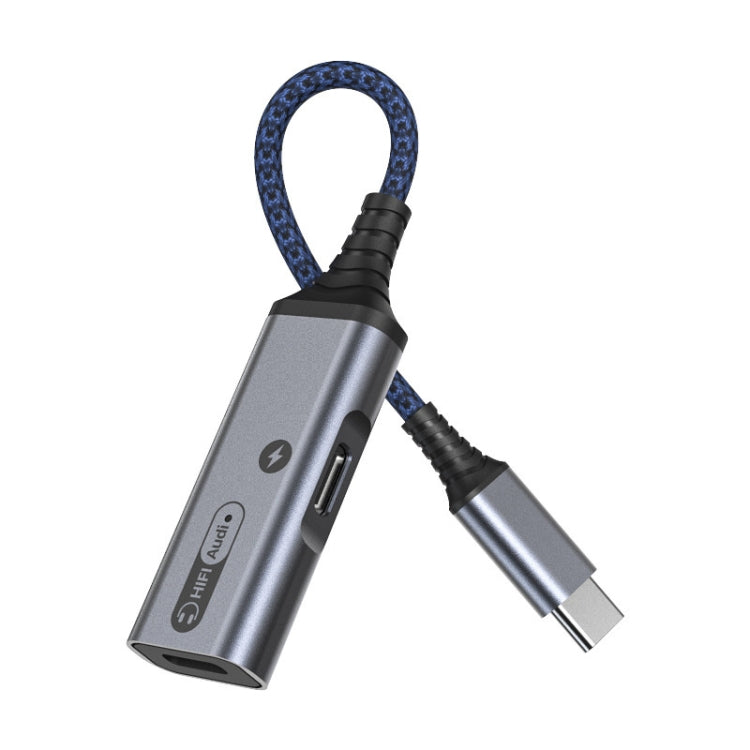 Gray dual Type-C/USB-C audio and charging adapter cable, blue braided cord.