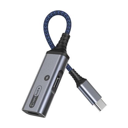 Gray dual Type-C/USB-C audio and charging adapter cable, blue braided cord.