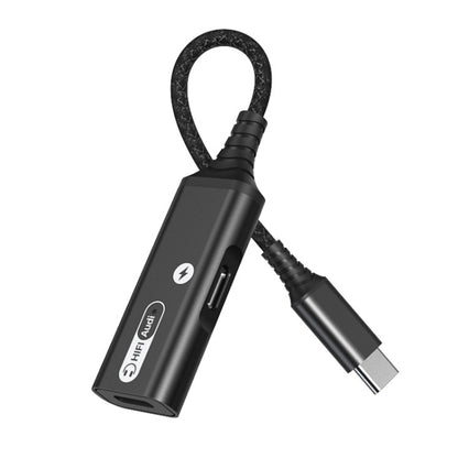Black dual Type-C/USB-C audio and charging adapter cable, black braided cord.