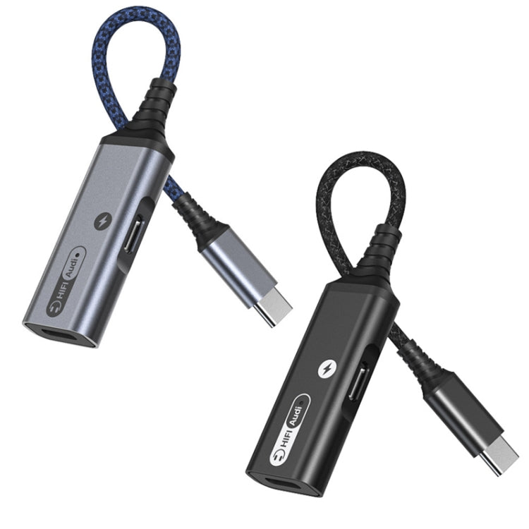 Gray and black dual Type-C/USB-C audio and charging adapter cables with braided cords.