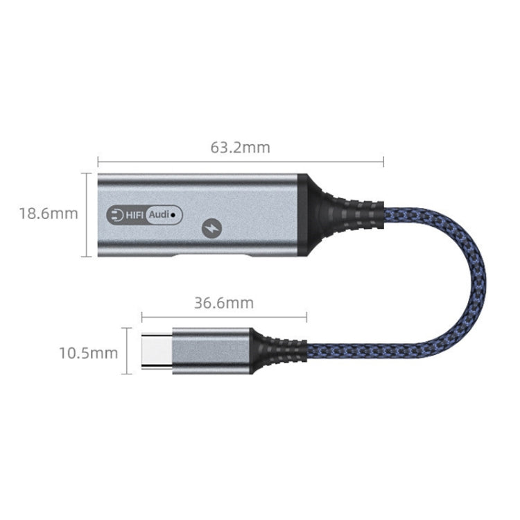 Dual Type-C to USB-C audio and charging adapter cable with size measurements.