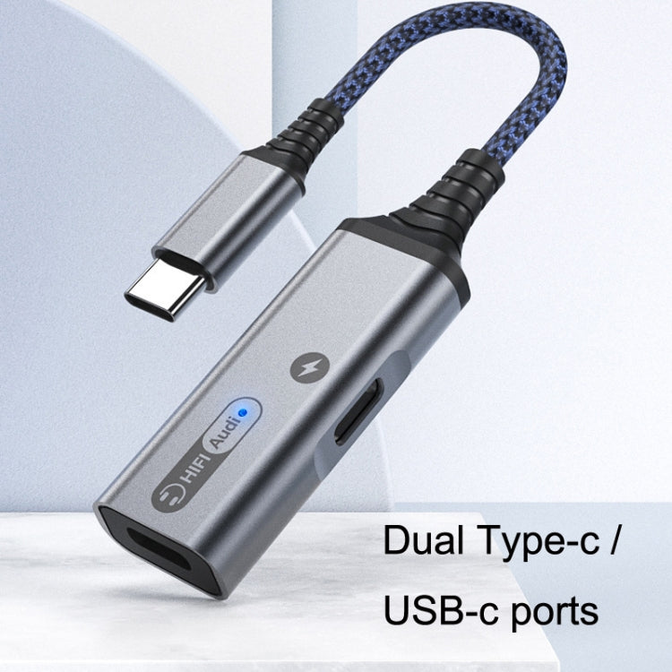 Gray dual Type-C/USB-C audio and charging adapter cable with blue braided cord.