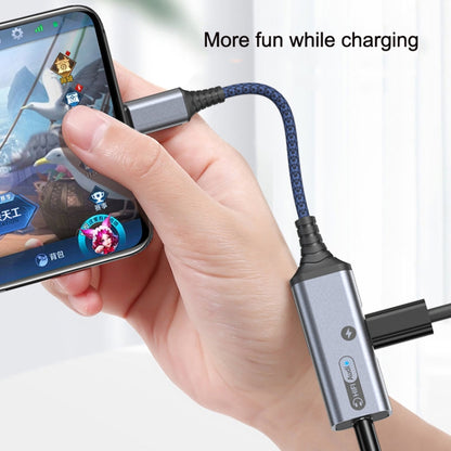 Gray dual Type-C/USB-C audio and charging adapter cable with blue braided cord.