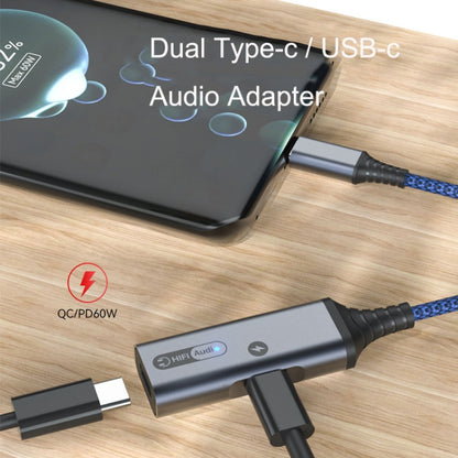 Gray and black dual Type-C/USB-C audio adapter cable with braided cords.