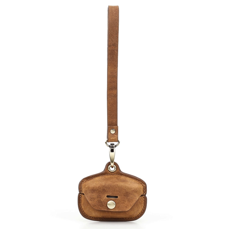 Brown crazy horse leather earphone charging case cover with wrist strap and metal clip
