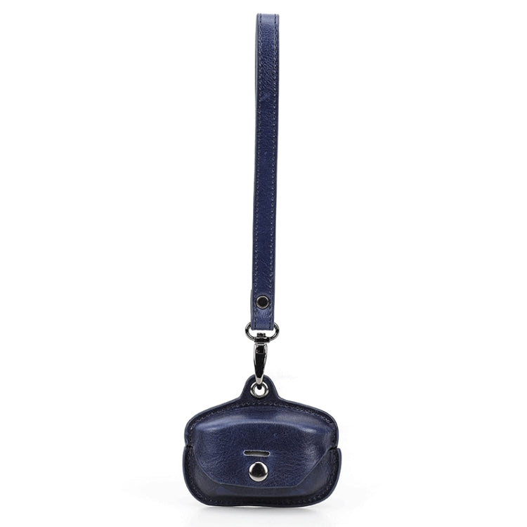 Blue crazy horse leather earphone charging case cover with wrist strap and metal clip