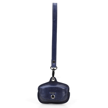 Blue crazy horse leather earphone charging case cover with wrist strap and metal clip