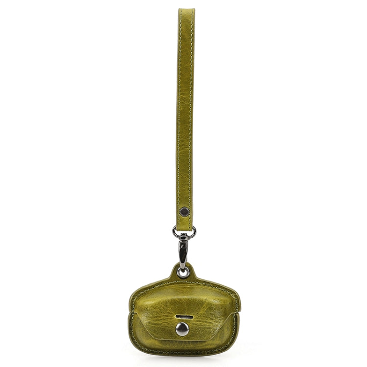 Green crazy horse leather earphone charging case cover with wrist strap and metal clip