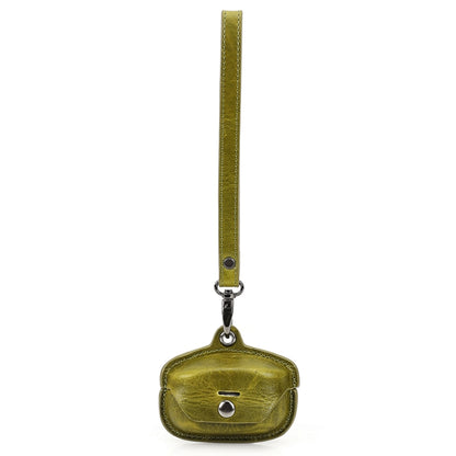 Green crazy horse leather earphone charging case cover with wrist strap and metal clip