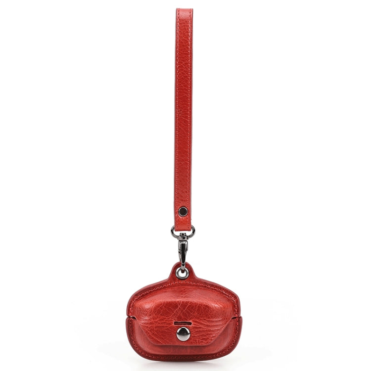 Red crazy horse leather earphone charging case cover with wrist strap and metal clip