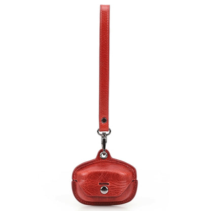 Red crazy horse leather earphone charging case cover with wrist strap and metal clip