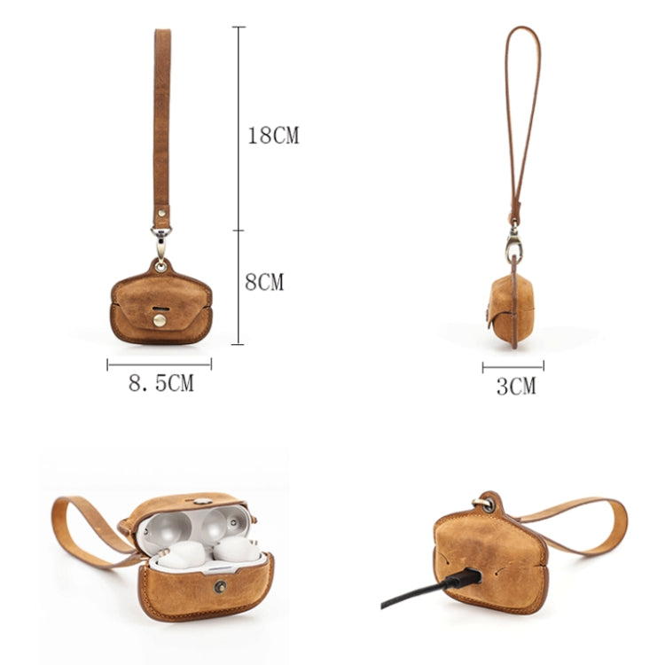 Brown leather earphone charging case cover with wrist strap and size reference
