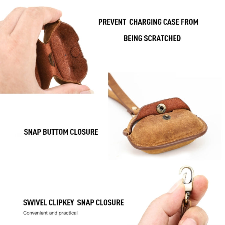 Brown leather earphone charging case cover with snap closure and swivel clip