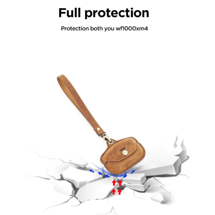Brown leather earphone charging case cover with full protection wrap and strap