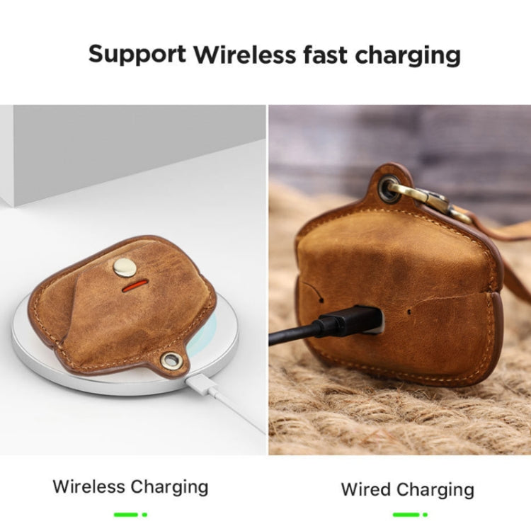 Brown leather earphone charging case cover with charging support for wireless and wired