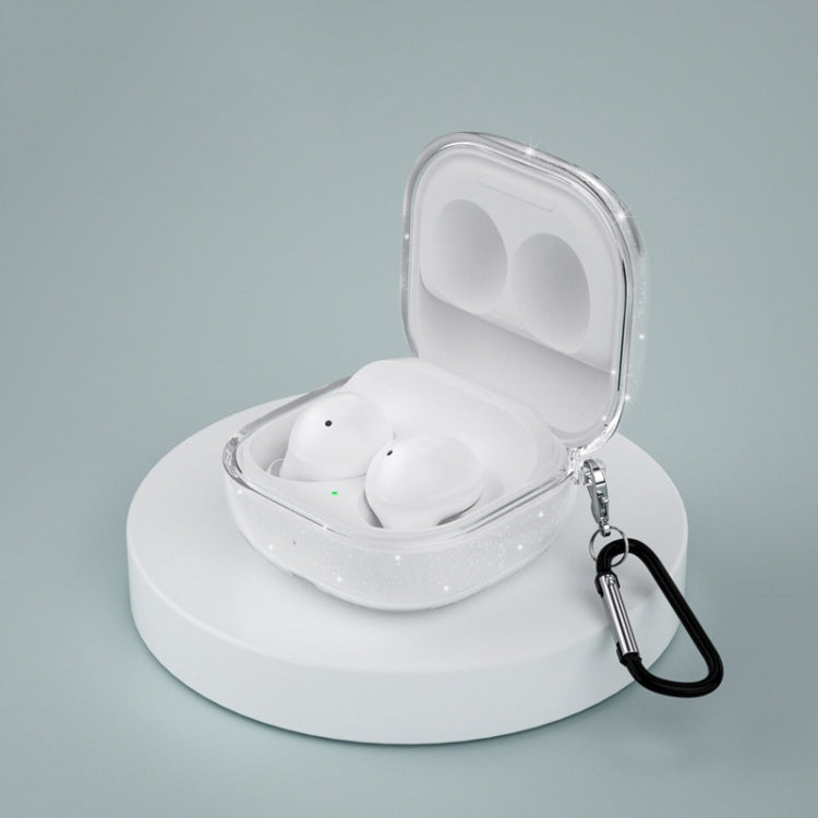 Glitter transparent TPU earbud case with open lid, showing two white earbuds inside
