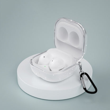 Glitter transparent TPU earbud case with open lid, showing two white earbuds inside