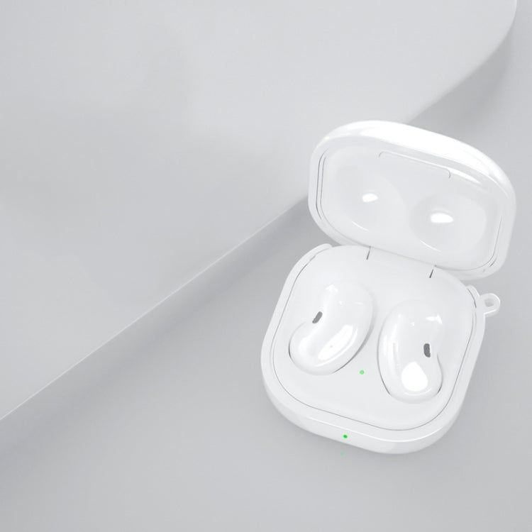 Glitter transparent TPU earbud case open, showing two white earbuds in charging case