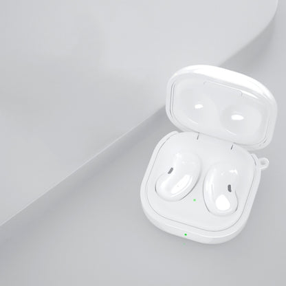 Glitter transparent TPU earbud case open, showing two white earbuds in charging case