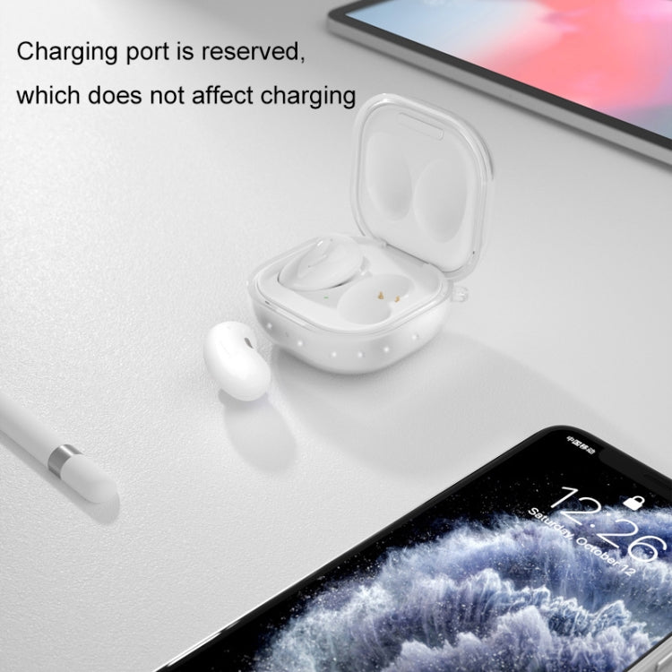 Glitter transparent TPU earbud case with two white earbuds, open lid