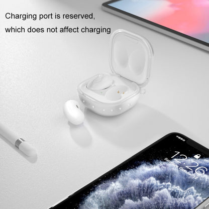 Glitter transparent TPU earbud case with two white earbuds, open lid