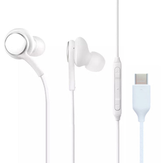White wired earbuds with USB-C plug and inline control