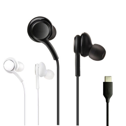 Black wired earbuds with USB-C plug and inline control