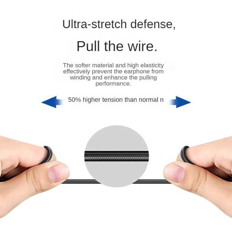 Braided cable wired headphones with reinforced strain relief, hands pulling