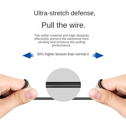 Braided cable wired headphones with reinforced strain relief, hands pulling