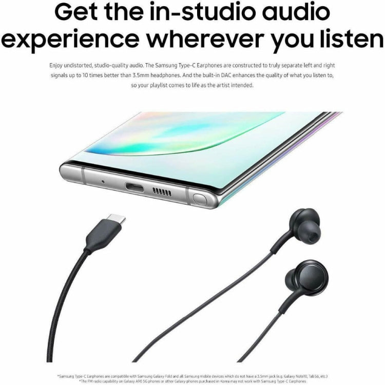 Black wired earbuds with USB-C plug and inline control for phone listening