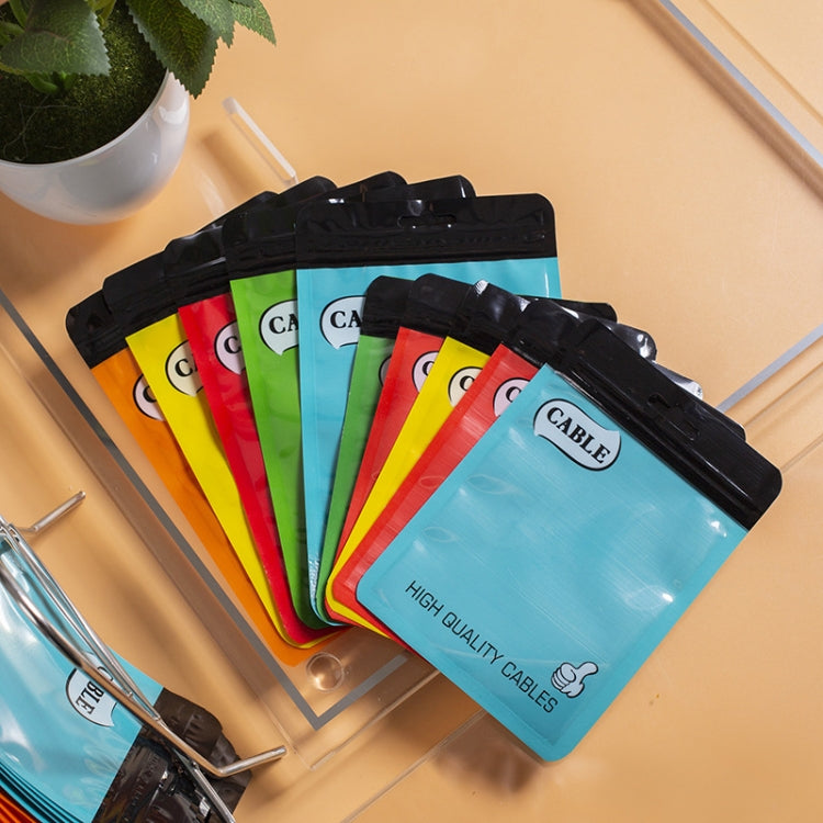 Set of colorful cable ziplock packaging bags with black header and hang holes