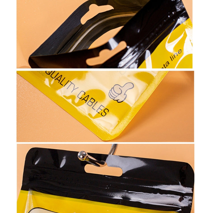 Black hang-strip cable ziplock bag close-up with yellow front and sealed edge