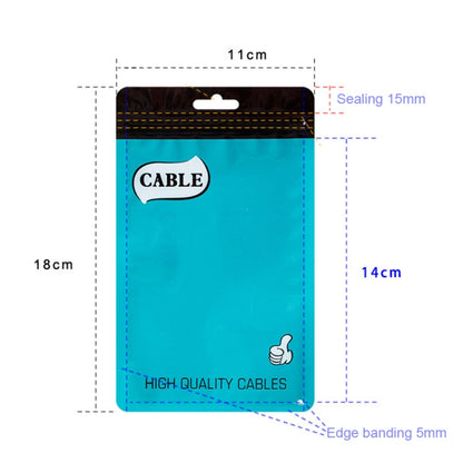 Blue cable ziplock bag size diagram: 11 x 18 cm with sealing and edge markings