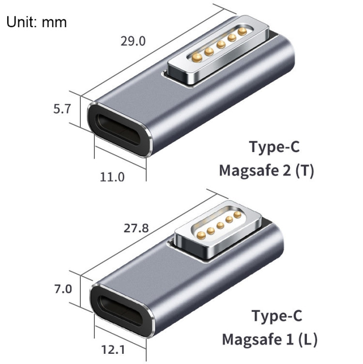 Type-C to Magsafe adapter dimensions diagram for Magsafe 2 and Magsafe 1
