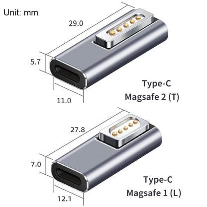 Type-C to Magsafe adapter dimensions diagram for Magsafe 2 and Magsafe 1