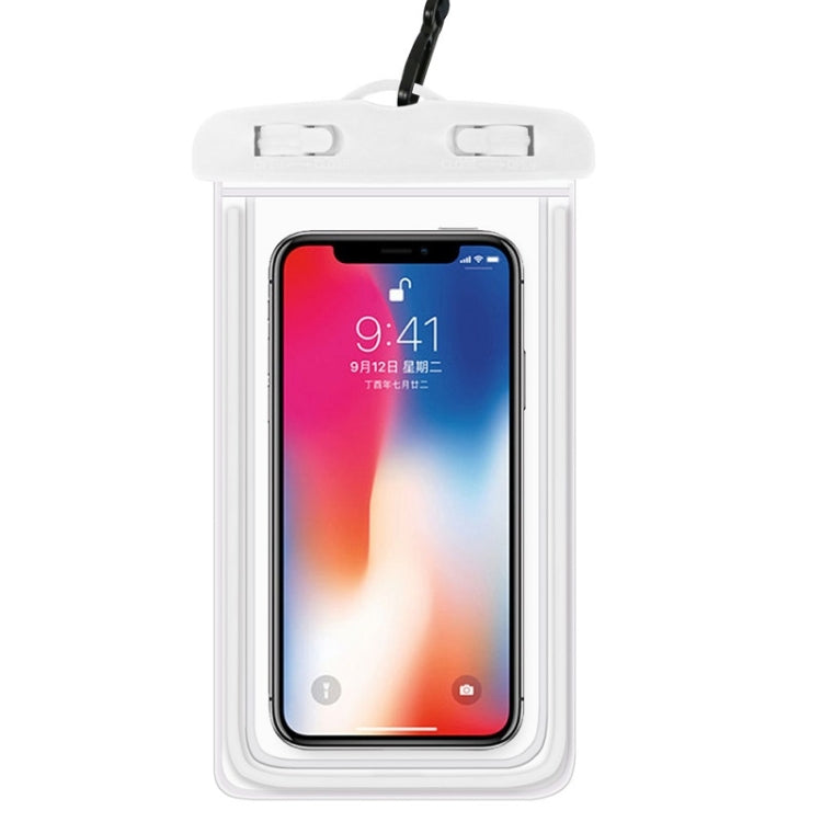 White PVC waterproof mobile phone pouch with hanging lanyard and clear window